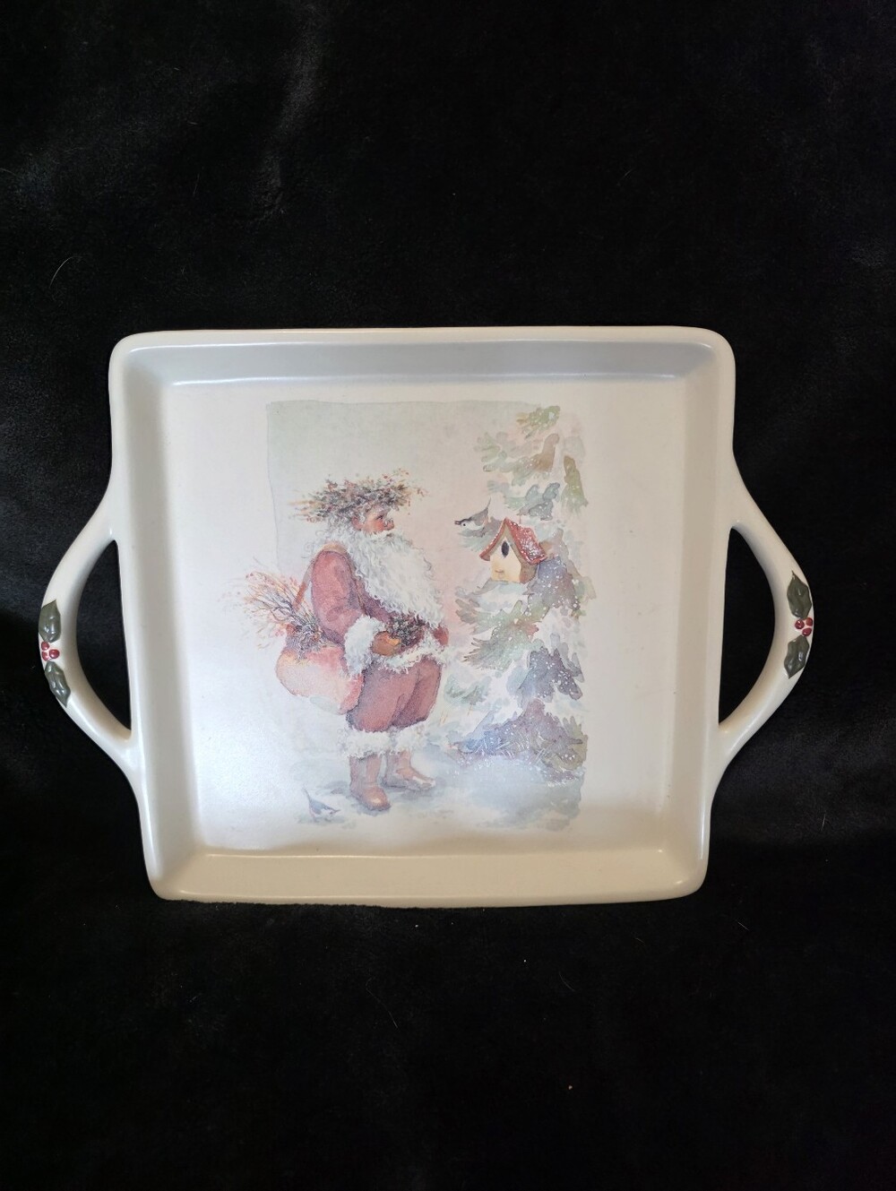 Hallmark Ceramic Seasons Watercolor-Style Santa Tree Handled Tray Christmas